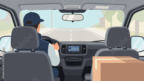 man driving car with a delivery package in the front seat illustration