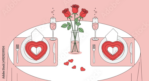 A table set for a romantic dinner with roses, champagne, and heart-shaped plates