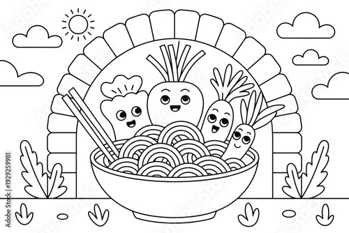 Vegetable cartoon illustration of a bowl of noodles with smiling vegetables