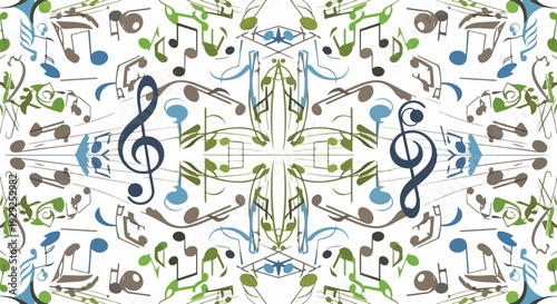 A symmetrical music-themed graphic featuring stylized musical notation