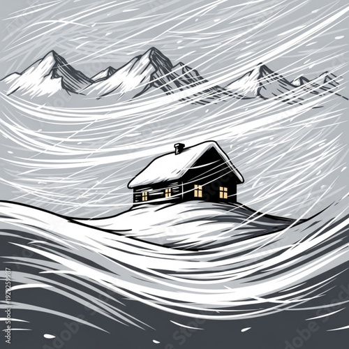 A cozy cabin with a snow-covered roof and lit windows stands resilient amidst a snowy mountain landscape with strong winds blowing