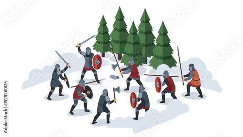 medieval knights fighting battle with swords shields and axes in forest hand drawn flat illustration