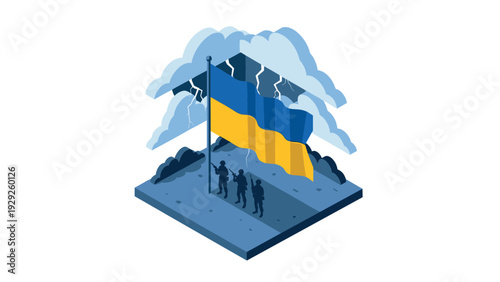 isometric ukrainian flag with soldiers silhouette in stormy weather illustration