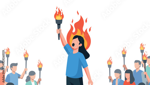 woman holding a torch with flames and crowd holding torches hand drawn illustration for protest or activism concept