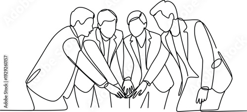 Minimalist continuous line drawing of business professionals stacking hands in circle, symbolizing teamwork, unity, collaboration, partnership, agreement