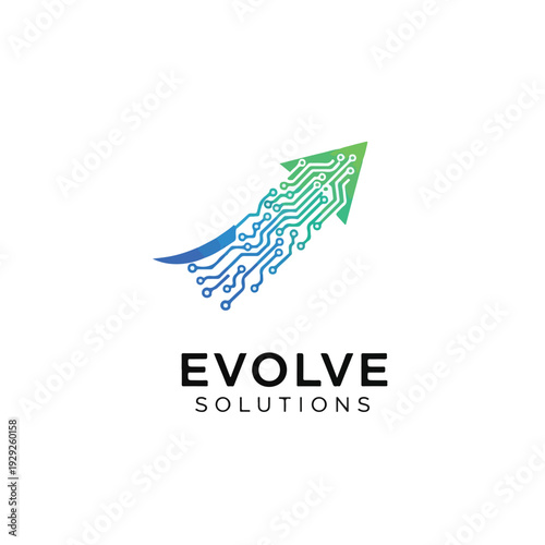 A tech-inspired arrow design with circuit board elements and text