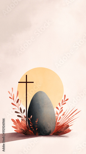 Christian cross on hill with rising sun and mountains in circular watercolor style illustration.