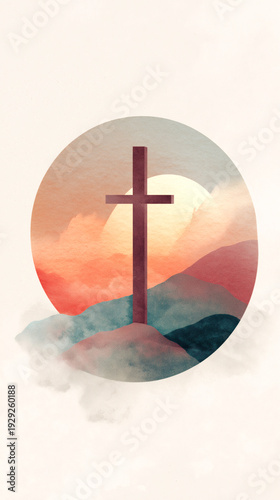 Christian cross on hill with rising sun and mountains in circular watercolor style illustration.