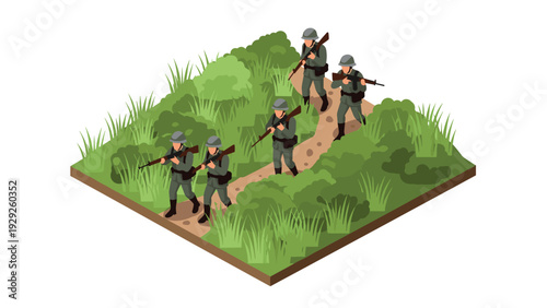 soldiers walking on a grassy path in isometric vector style military illustration