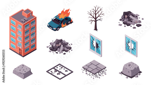 isometric disaster damage building burning car shattered windows broken tree rubble debris set