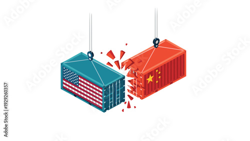 two hanging shipping containers with usa and china flags colliding in flat isometric style trade conflict concept