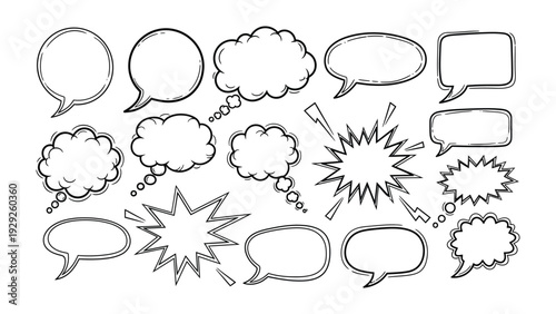 Speech Bubble Collection: A diverse collection of illustrated speech bubbles, each ready to convey thoughts and messages in a visual narrative. Ideal for communication, creativity.