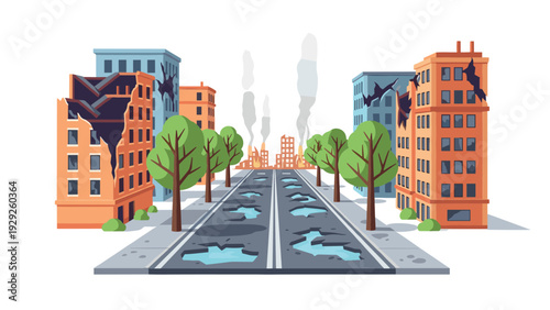 damaged city street with destroyed buildings cracked road and smoke in flat style urban destruction scene