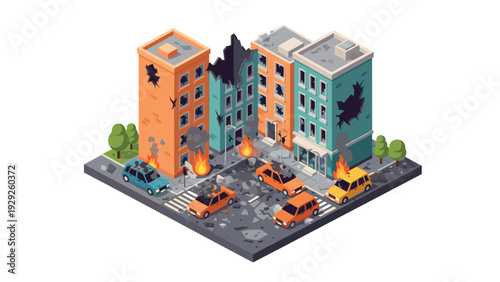 isometric damaged urban buildings and burning cars with rubble on the street digital illustration