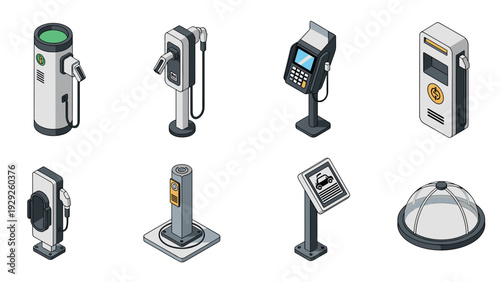 isometric set of electric vehicle charging stations and payment terminals in modern flat style