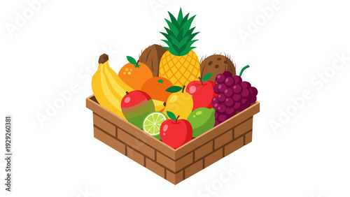 basket with colorful tropical fruits in flat style healthy food illustration