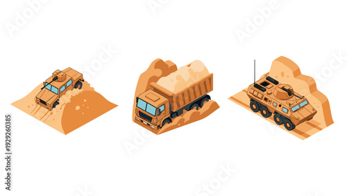 isometric military and construction vehicles in desert sand hand drawn vector illustration