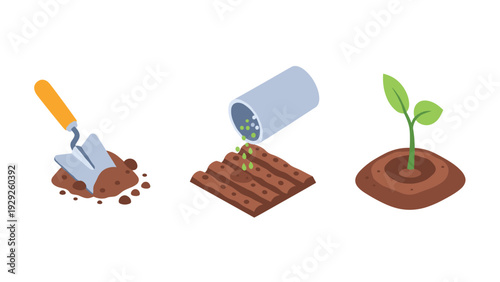 soil digging seed planting and sprout growth stages set in flat style for gardening illustration