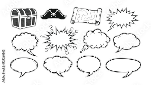 Adventure Elements Illustration: A collection of illustrative elements, including a treasure chest, a pirate hat, a map, and various speech bubbles.