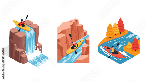 kayaking adventure set with waterfall canyon and river nature hand drawn isometric illustrations