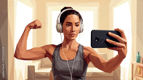 young woman flexing arm while taking selfie in geometric polygon style fitness illustration