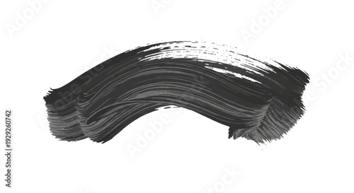 Dynamic black paint brushstroke with textured lines and a curved shape on a clean white background, creating an artistic and expressive abstract element.