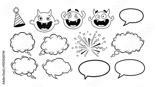 Monsters, hats and bubble talk: A set of playful monsters and thought bubbles, creating the perfect scene for adding your own messaging, designed to ignite imagination and bring creativity to life.