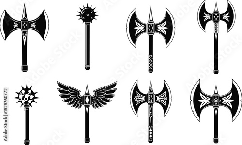 Collection of medieval battle axe silhouettes, Viking war hammer icons, fantasy mace symbols, ancient weapon vector set, isolated warrior equipment graphics.