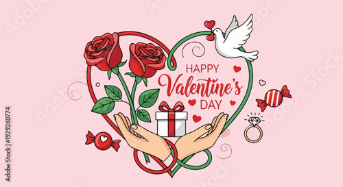 A Valentine's Day themed illustration with hearts, roses, and a gift