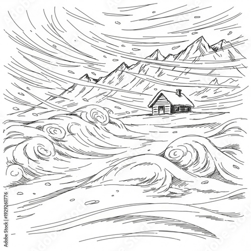 A minimalist line art illustration of a small house in a snowy landscape with mountains and strong winds