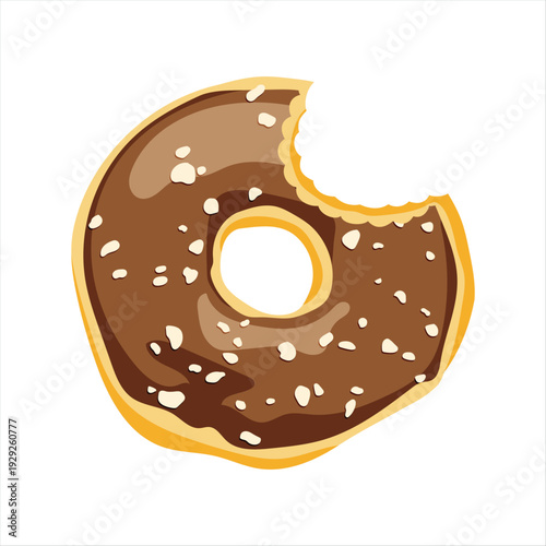 Flat vector illustration of bitten chocolate glazed donut with sprinkles, cute dessert with bite mark isolated on white background for menu and food blog design.