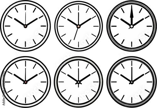 Six clocks with varying border styles and hands positions displayed together on a clean background from a straightforward viewpoint