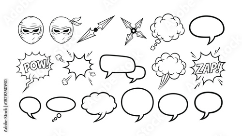 Comic book elements: A set of comic book elements, ready for action, showcasing a ninja and different speech bubble illustrations.