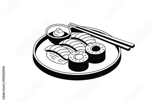 Sushi vector illustration with chopsticks and soy sauce on a plate