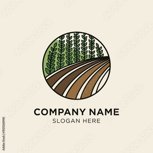 Logo with trees and road illustration.