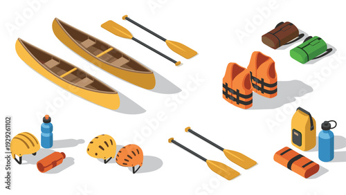 isometric set of canoe boats paddles safety helmets life jackets and camping gear hand drawn flat outdoor equipment illustration