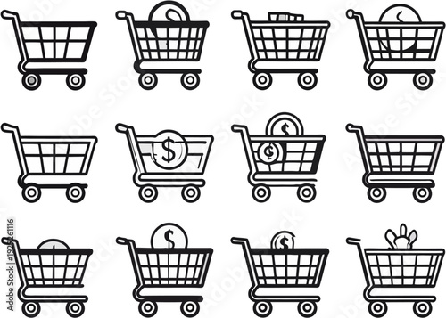 Collection of shopping carts with various elements, including money and products, in a grid layout