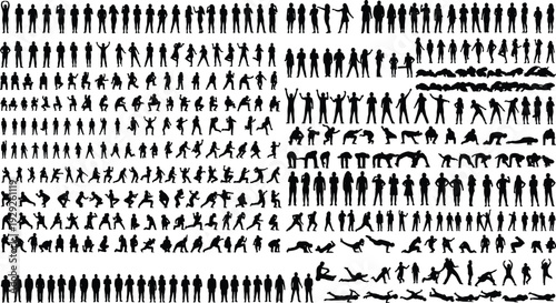 Huge collection of people silhouettes with various poses standing sitting walking jumping and action movements