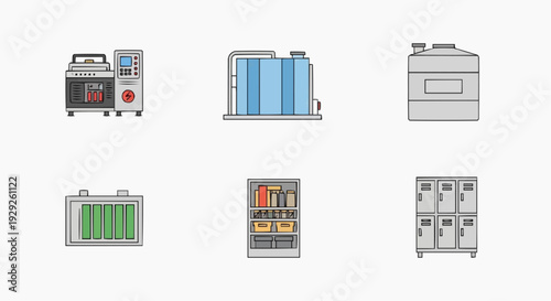 Electrical components and devices illustration showcasing various energy storage and distribution systems from a straightforward perspective