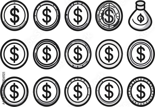 Collection of Dollar Coins and Money Bag Vector Illustrations on White Background