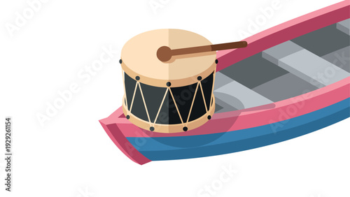 wooden drum and stick on colorful rowboat flat vector illustration