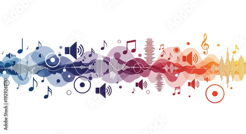 A vibrant abstract composition with colorful musical elements