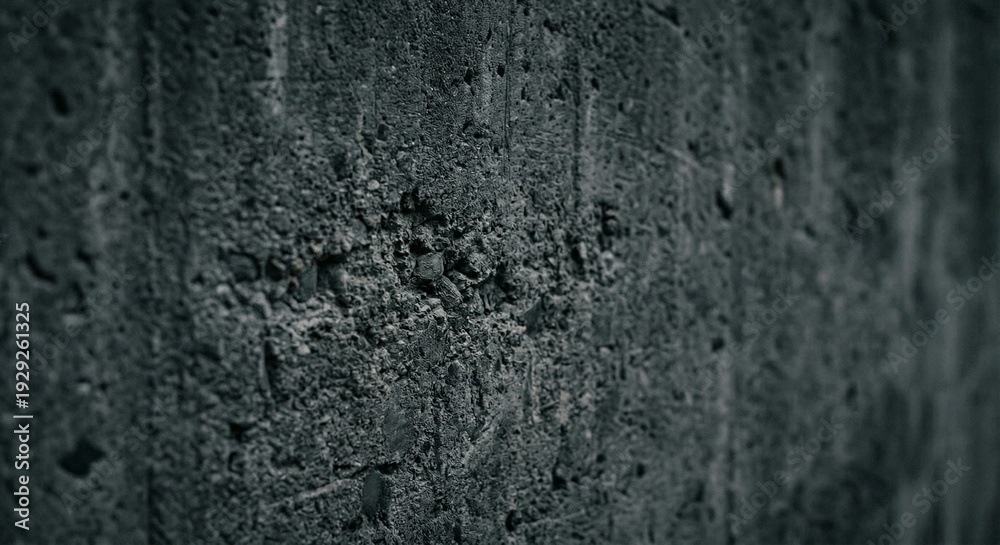 Fototapeta premium A rough, dark gray concrete wall with visible texture and imperfections, captured in a close-up view
