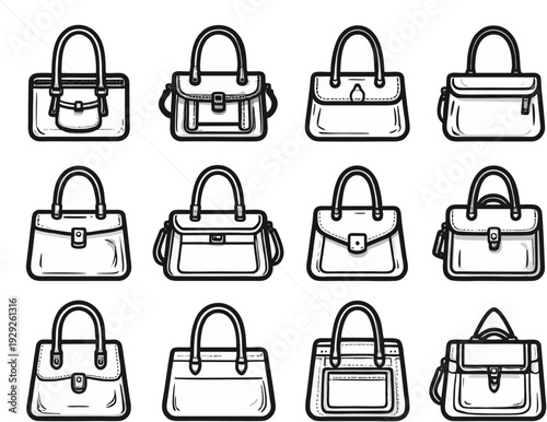 Collection of assorted handbags and purses illustrated in a simple black outline style on a clean white background from a direct viewpoint