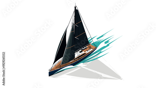 sailboat with black sails hand drawn vector illustration on water with shadow and waves