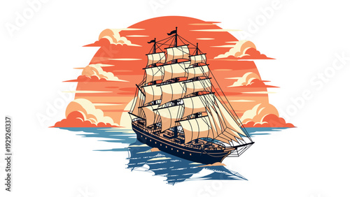 sailing ship with full sails on water hand drawn vintage style illustration with sunset background