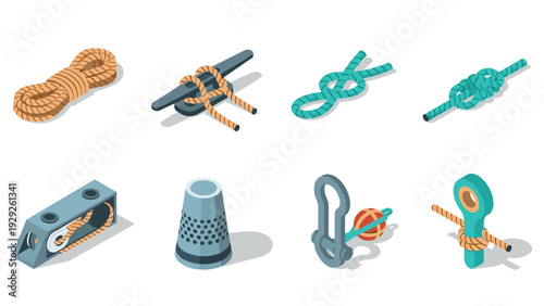 isometric collection of hand drawn rope knots and tools for tying securing and crafting nautical and sewing design