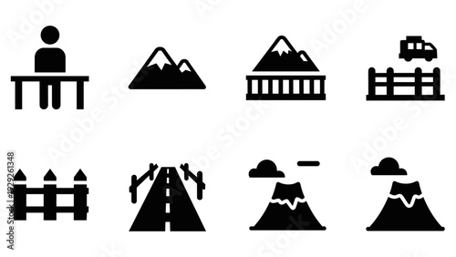 set of black silhouette icons including person at desk mountain scenery fence road and volcano in simple style