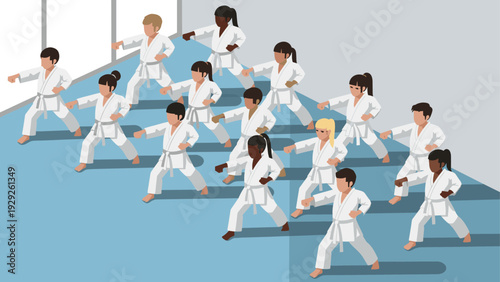 group of children practicing karate in white uniforms flat illustration