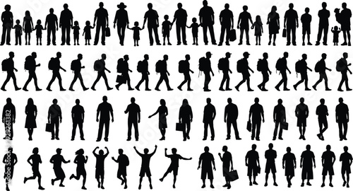 Large collection of people silhouettes including families walking running standing and diverse group of adults